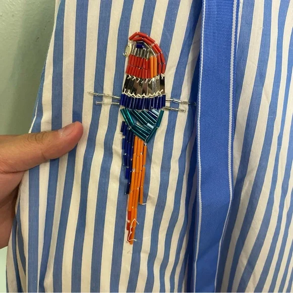 Anthropologie Maeve Tie Back A Line Maxi Dress Striped Blue Beaded Birds 24W - Picture 13 of 16